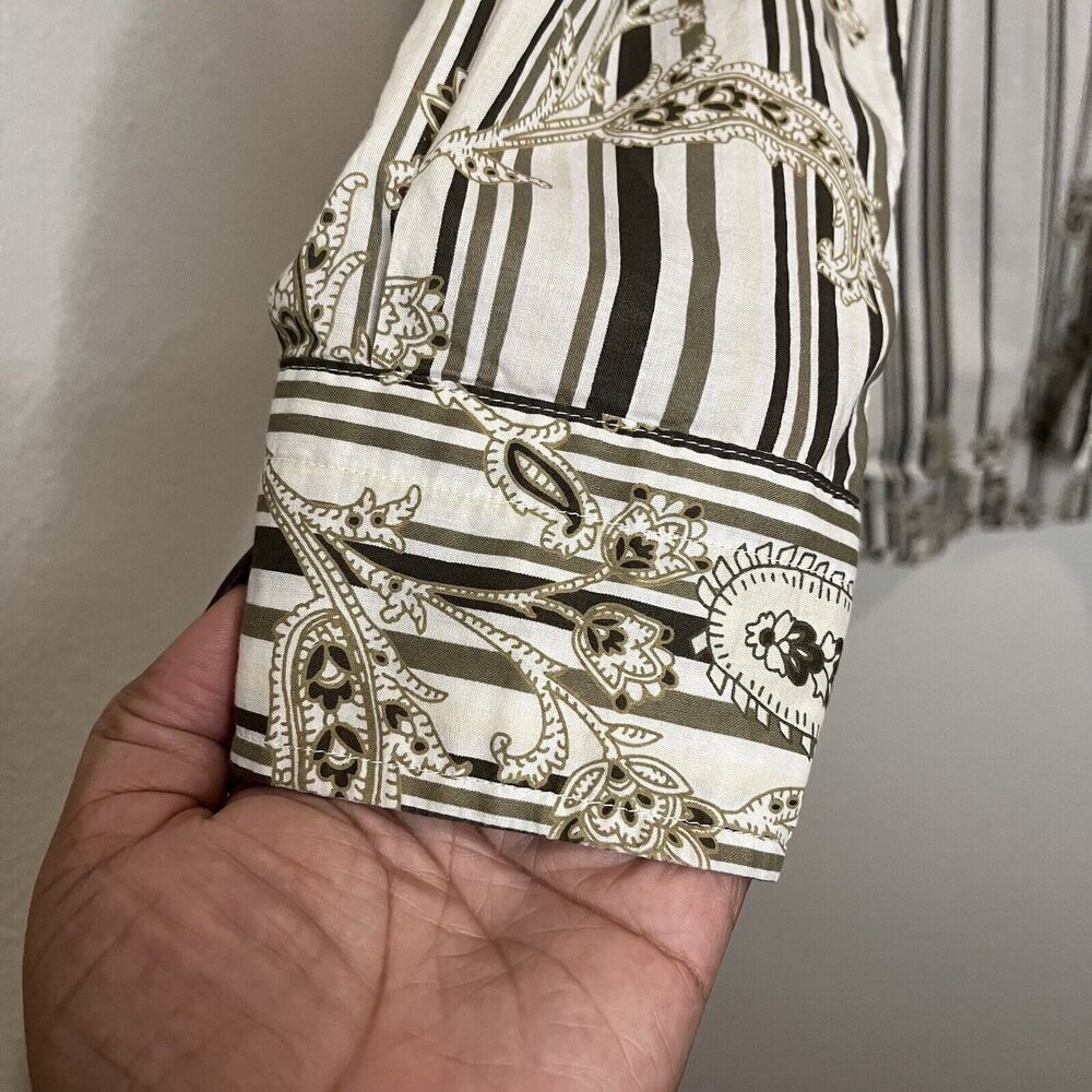 Express Men's White Brown‎ Print Stripe Button Down Long Sleeve Y2K Shirt Large - Picture 4 of 12